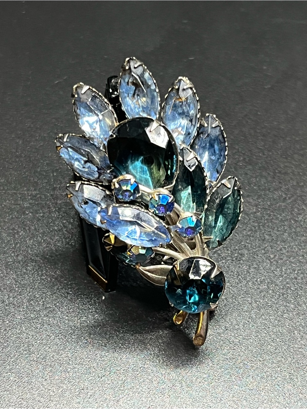 Vintage Blue Teal Rhinestone Floral Bouquet Brooch AB Stones